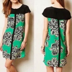ANTHROPOLOGIE Maeve Ayame 100% Silk Shift Green Floral Mini Dress Size 12